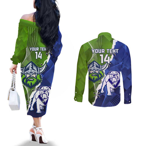 Custom Bulldogs And Raiders Rugby Couples Matching Off The Shoulder Long Sleeve Dress and Long Sleeve Button Shirt Dynamic Style