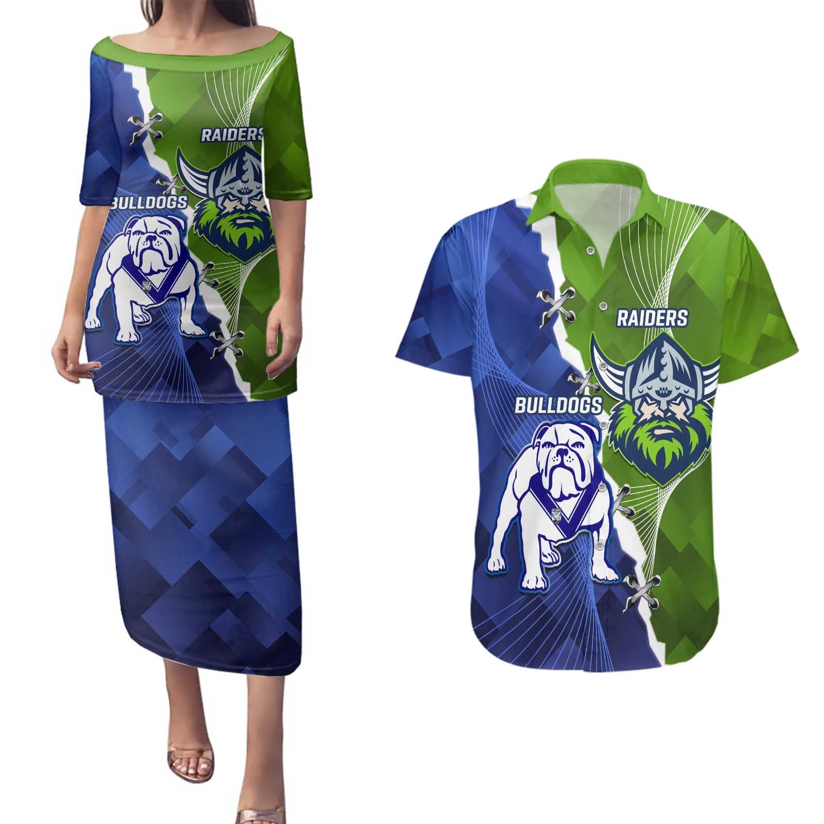 Custom Bulldogs And Raiders Rugby Couples Matching Puletasi and Hawaiian Shirt Dynamic Style