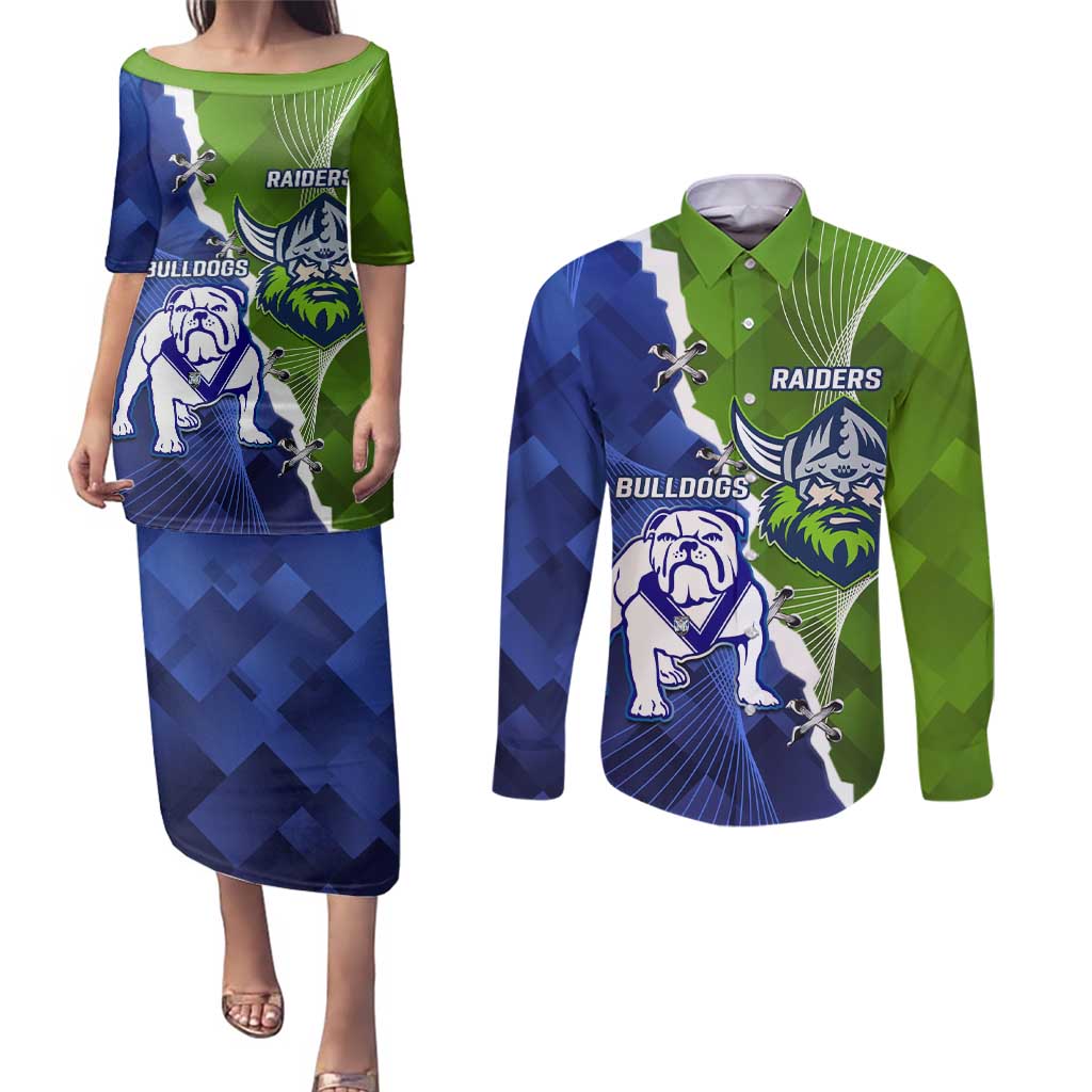 Custom Bulldogs And Raiders Rugby Couples Matching Puletasi and Long Sleeve Button Shirt Dynamic Style