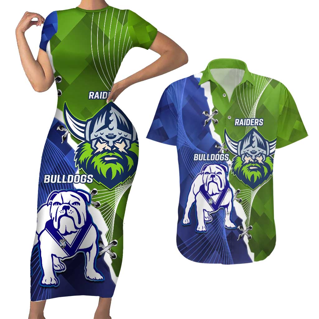Custom Bulldogs And Raiders Rugby Couples Matching Short Sleeve Bodycon Dress and Hawaiian Shirt Dynamic Style