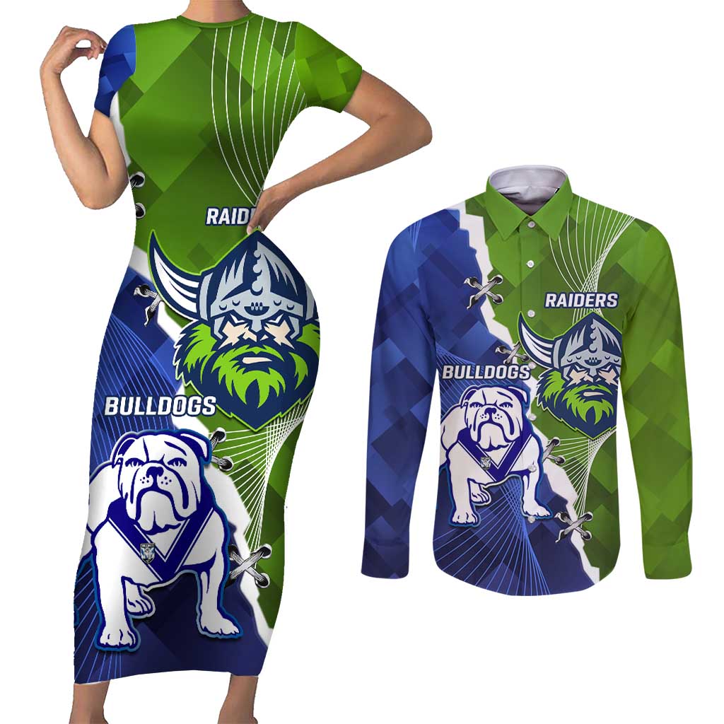 Custom Bulldogs And Raiders Rugby Couples Matching Short Sleeve Bodycon Dress and Long Sleeve Button Shirt Dynamic Style