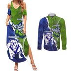 Custom Bulldogs And Raiders Rugby Couples Matching Summer Maxi Dress and Long Sleeve Button Shirt Dynamic Style