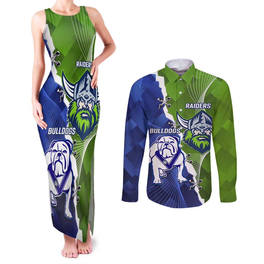 Custom Bulldogs And Raiders Rugby Couples Matching Tank Maxi Dress and Long Sleeve Button Shirt Dynamic Style