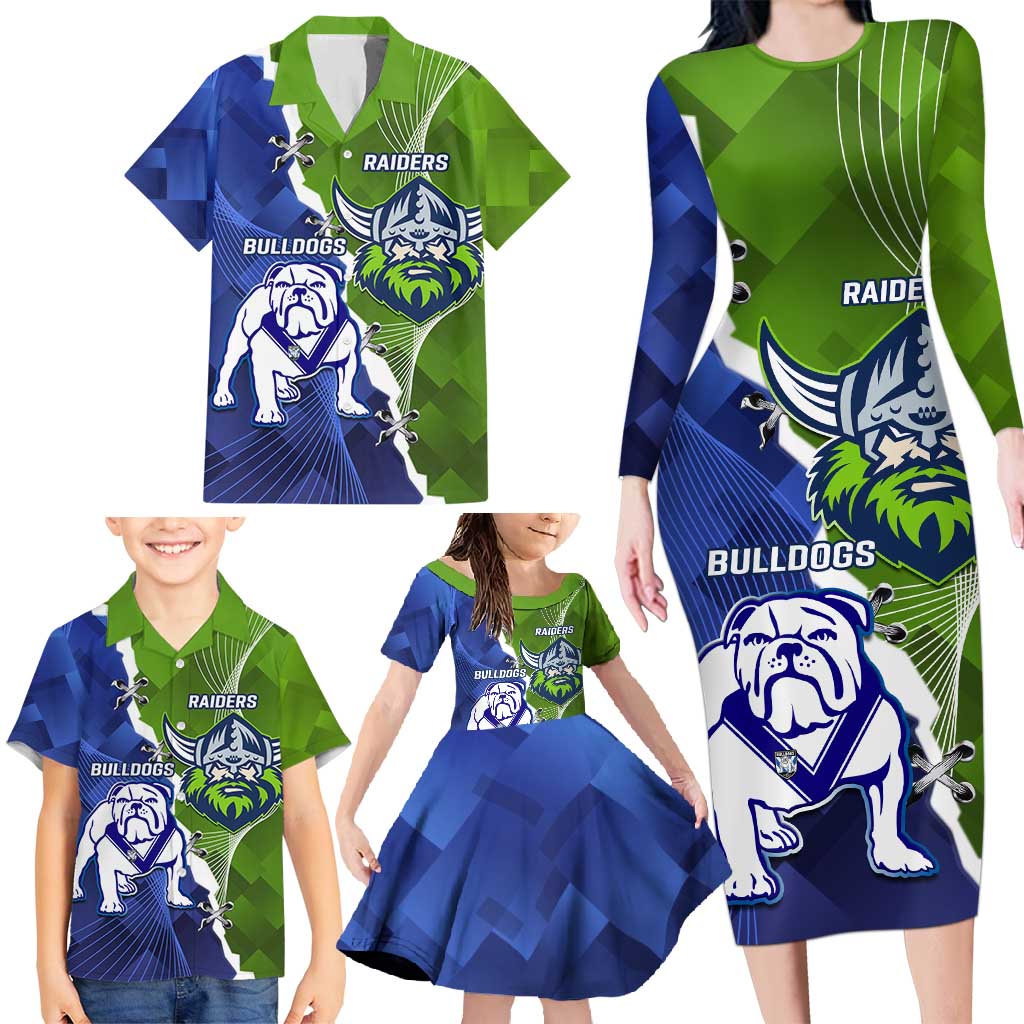 Custom Bulldogs And Raiders Rugby Family Matching Long Sleeve Bodycon Dress and Hawaiian Shirt Dynamic Style
