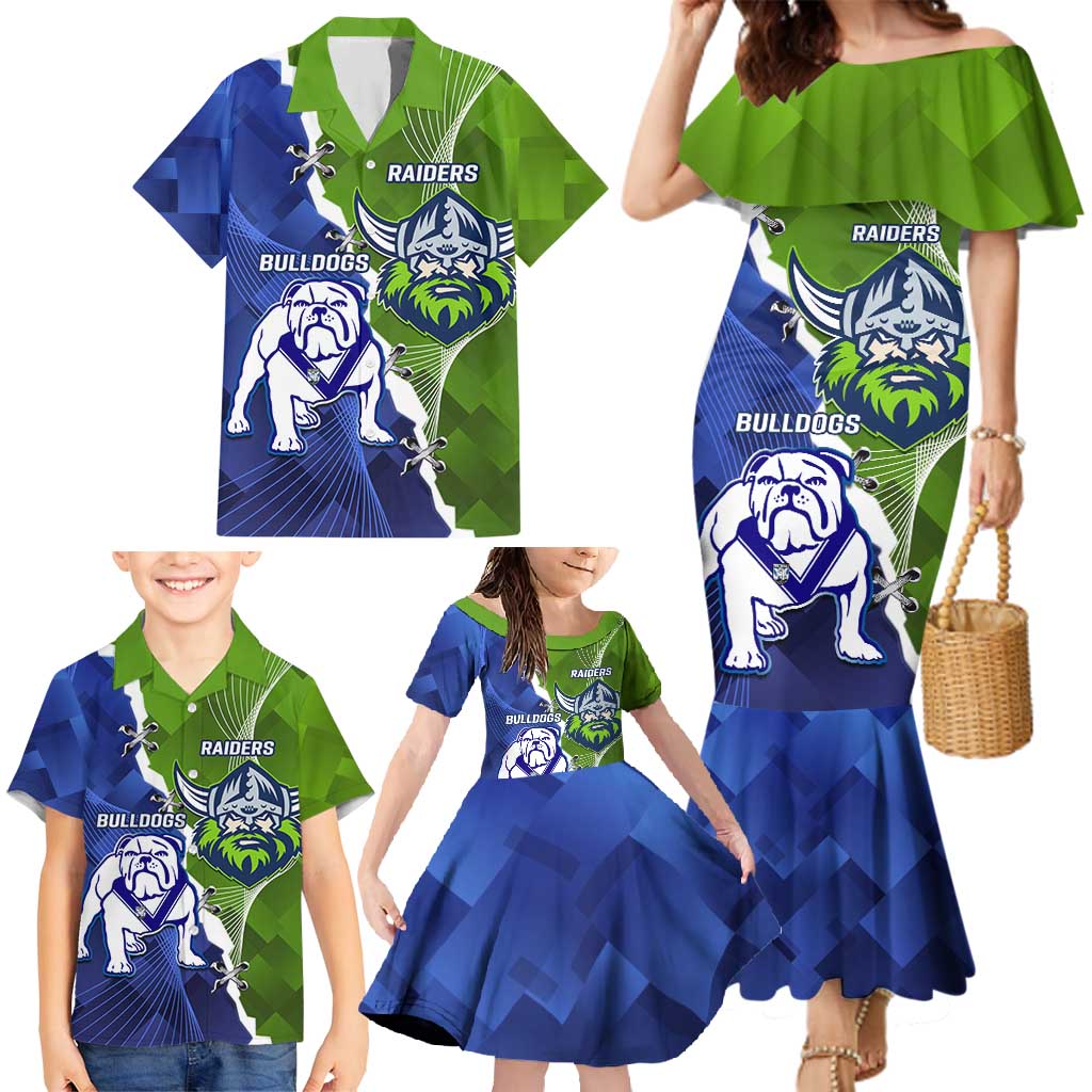 Custom Bulldogs And Raiders Rugby Family Matching Mermaid Dress and Hawaiian Shirt Dynamic Style