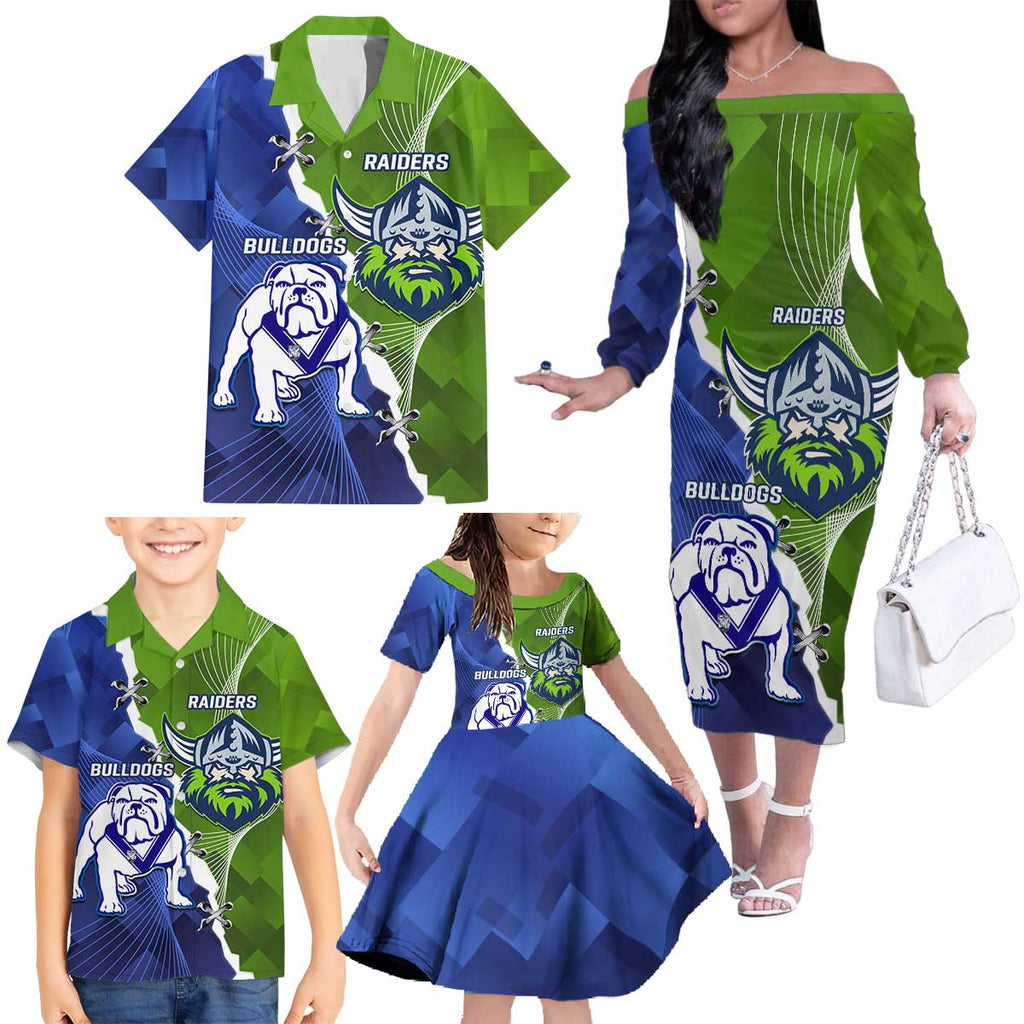 Custom Bulldogs And Raiders Rugby Family Matching Off The Shoulder Long Sleeve Dress and Hawaiian Shirt Dynamic Style