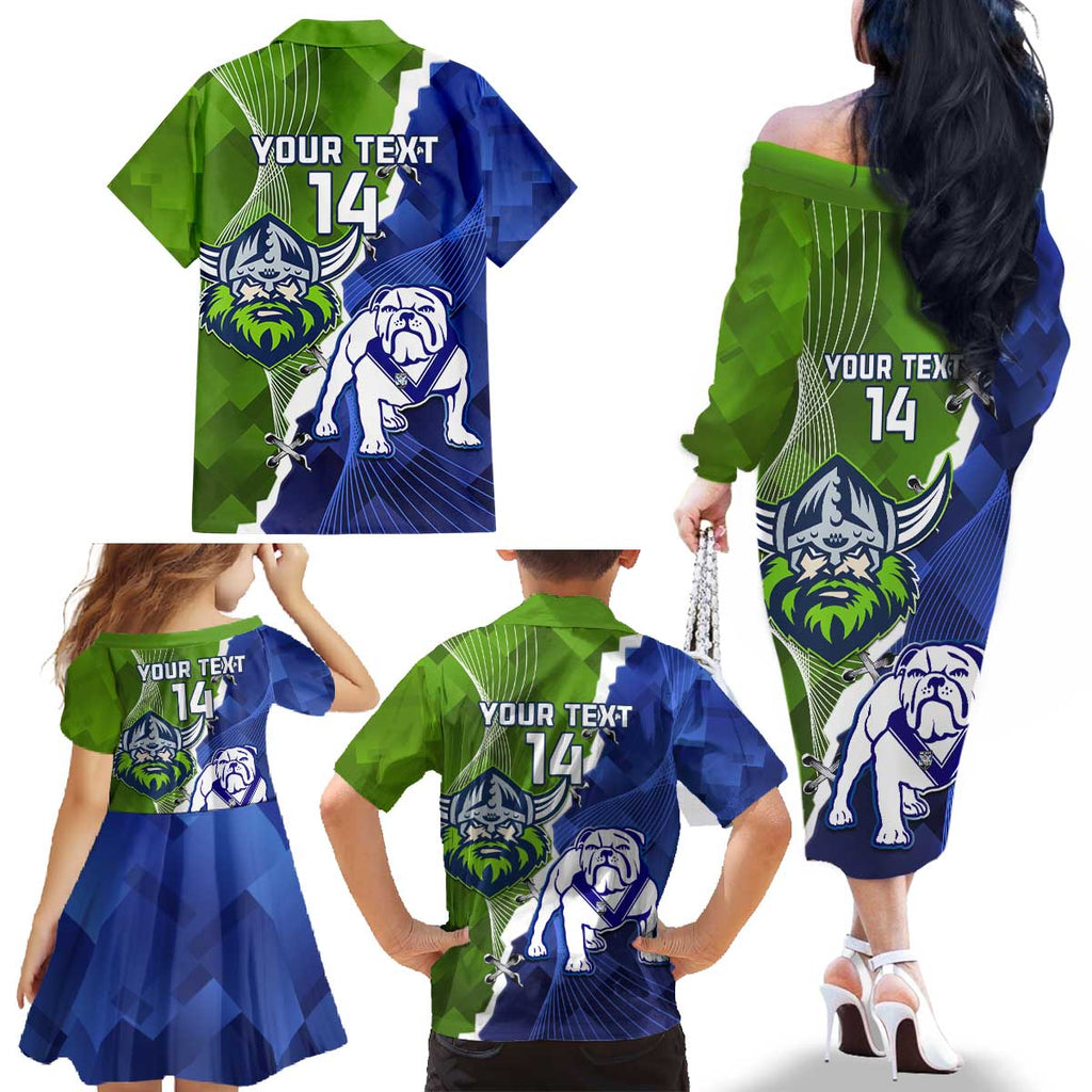 Custom Bulldogs And Raiders Rugby Family Matching Off The Shoulder Long Sleeve Dress and Hawaiian Shirt Dynamic Style