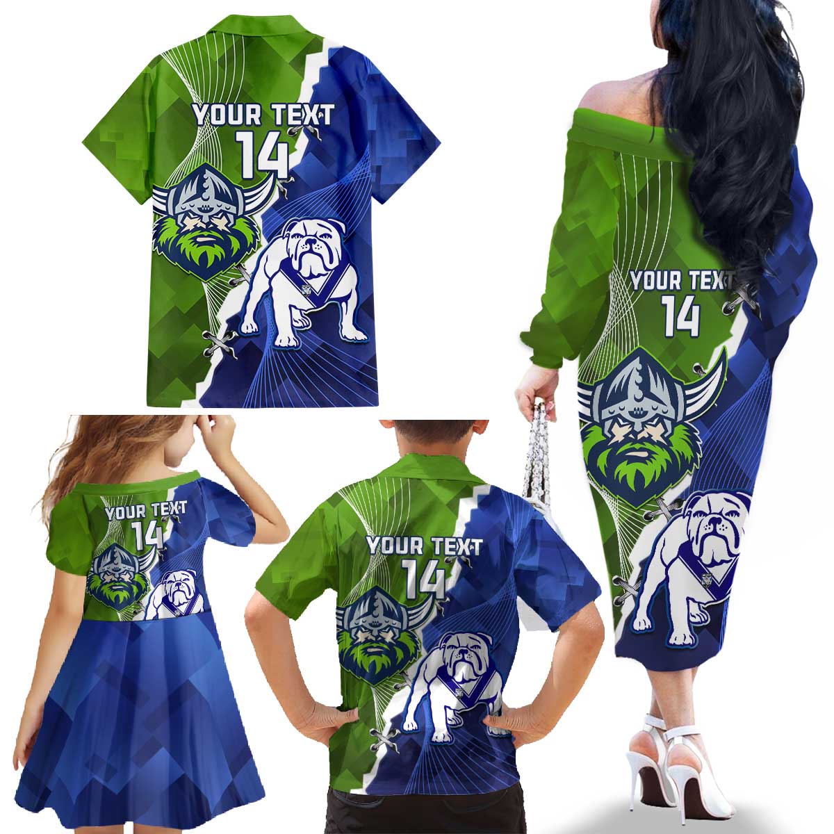 Custom Bulldogs And Raiders Rugby Family Matching Off The Shoulder Long Sleeve Dress and Hawaiian Shirt Dynamic Style