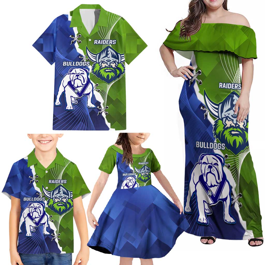 Custom Bulldogs And Raiders Rugby Family Matching Off Shoulder Maxi Dress and Hawaiian Shirt Dynamic Style