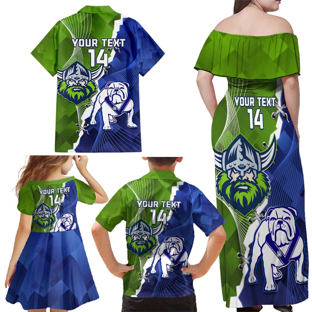 Custom Bulldogs And Raiders Rugby Family Matching Off Shoulder Maxi Dress and Hawaiian Shirt Dynamic Style