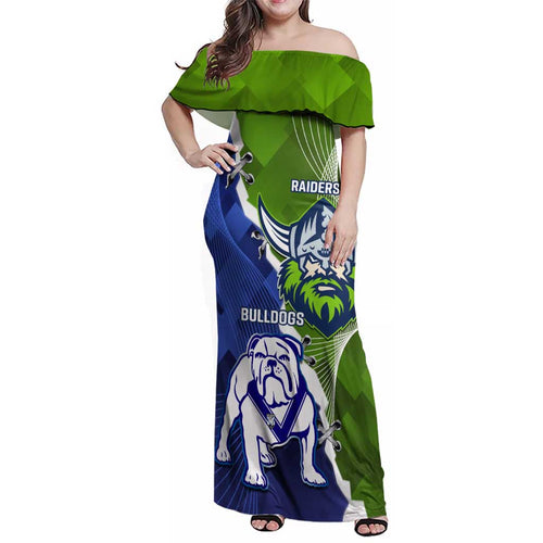 Custom Bulldogs And Raiders Rugby Family Matching Off Shoulder Maxi Dress and Hawaiian Shirt Dynamic Style