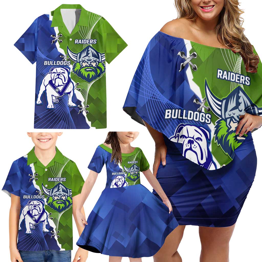 Custom Bulldogs And Raiders Rugby Family Matching Off Shoulder Short Dress and Hawaiian Shirt Dynamic Style