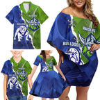 Custom Bulldogs And Raiders Rugby Family Matching Off Shoulder Short Dress and Hawaiian Shirt Dynamic Style