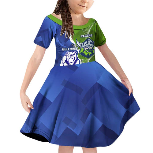 Custom Bulldogs And Raiders Rugby Family Matching Off Shoulder Short Dress and Hawaiian Shirt Dynamic Style