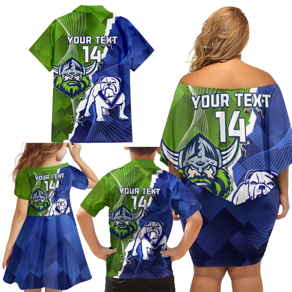 Custom Bulldogs And Raiders Rugby Family Matching Off Shoulder Short Dress and Hawaiian Shirt Dynamic Style