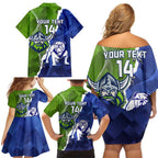 Custom Bulldogs And Raiders Rugby Family Matching Off Shoulder Short Dress and Hawaiian Shirt Dynamic Style