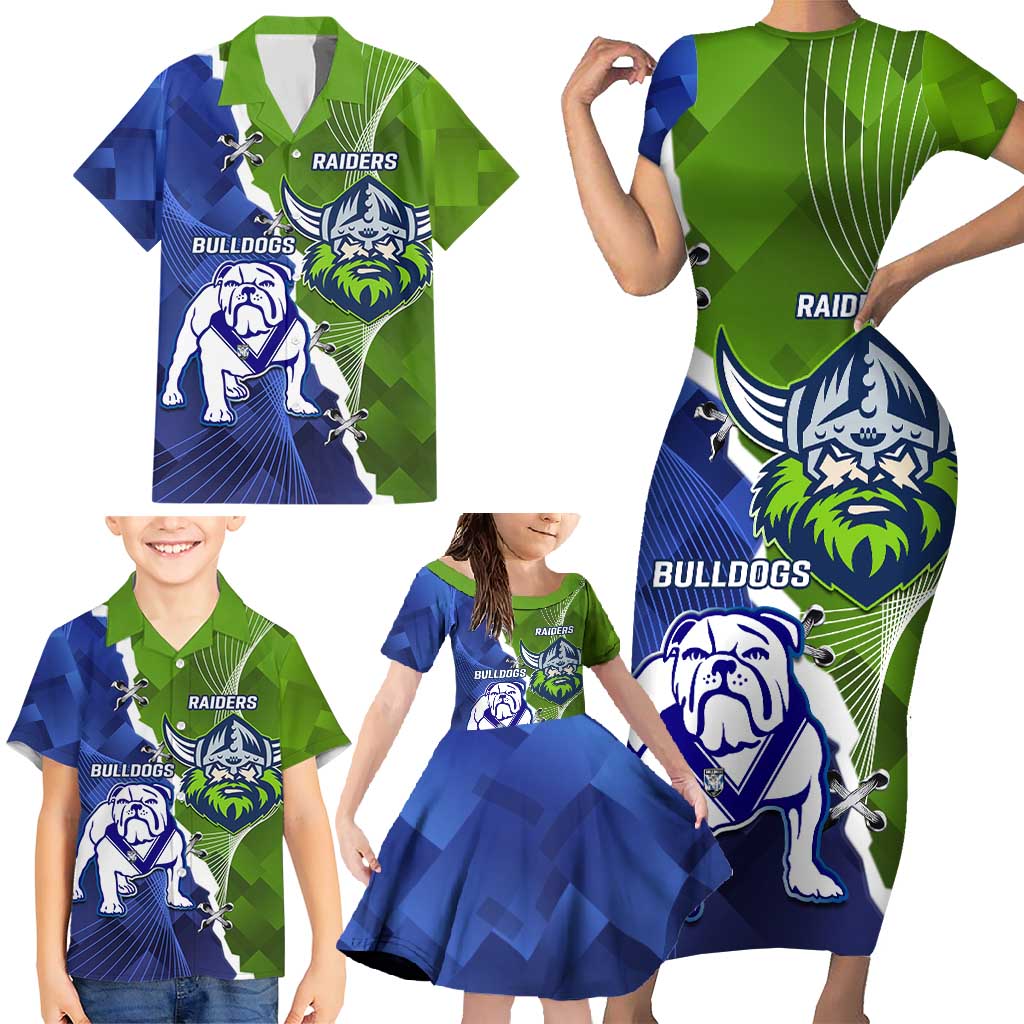 Custom Bulldogs And Raiders Rugby Family Matching Short Sleeve Bodycon Dress and Hawaiian Shirt Dynamic Style