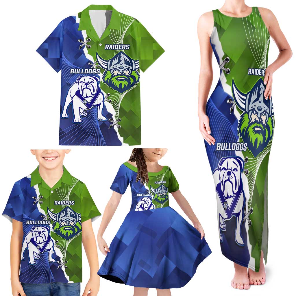 Custom Bulldogs And Raiders Rugby Family Matching Tank Maxi Dress and Hawaiian Shirt Dynamic Style