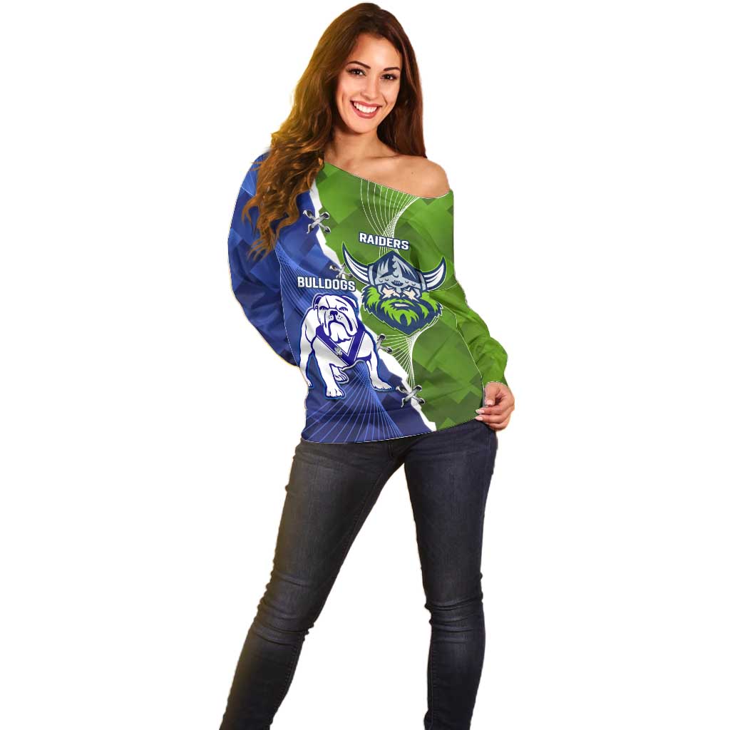 Custom Bulldogs And Raiders Rugby Off Shoulder Sweater Dynamic Style