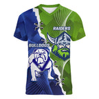 Custom Bulldogs And Raiders Rugby Women V-Neck T-Shirt Dynamic Style