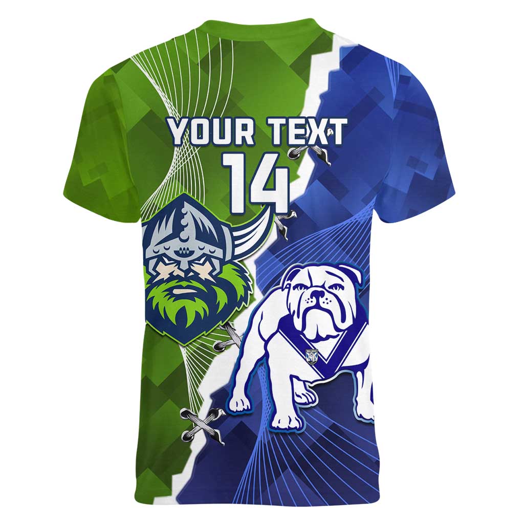 Custom Bulldogs And Raiders Rugby Women V-Neck T-Shirt Dynamic Style