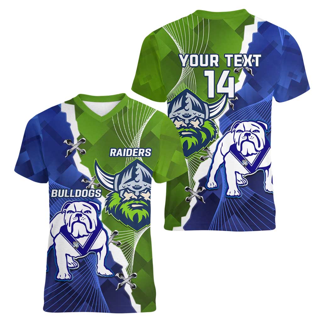 Custom Bulldogs And Raiders Rugby Women V-Neck T-Shirt Dynamic Style