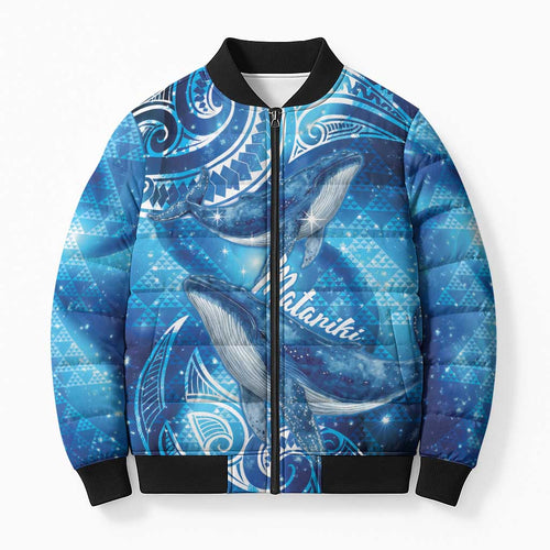 New Zealand Humpback Whale Matariki Bomber Puffer Jacket Maori New Year Taniko Niho Taniwha