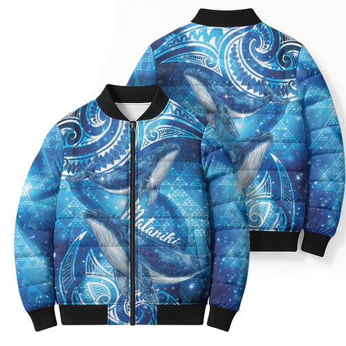 New Zealand Humpback Whale Matariki Bomber Puffer Jacket Maori New Year Taniko Niho Taniwha