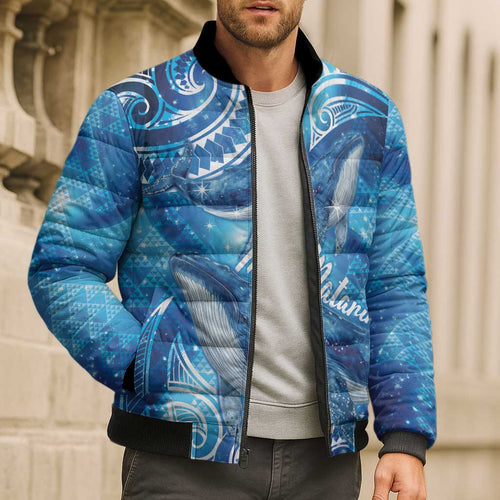New Zealand Humpback Whale Matariki Bomber Puffer Jacket Maori New Year Taniko Niho Taniwha
