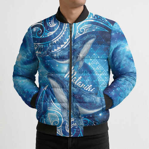 New Zealand Humpback Whale Matariki Bomber Puffer Jacket Maori New Year Taniko Niho Taniwha