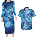 New Zealand Humpback Whale Matariki Couples Matching Long Sleeve Bodycon Dress and Hawaiian Shirt Maori New Year Taniko Niho Taniwha