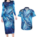 New Zealand Humpback Whale Matariki Couples Matching Long Sleeve Bodycon Dress and Hawaiian Shirt Maori New Year Taniko Niho Taniwha