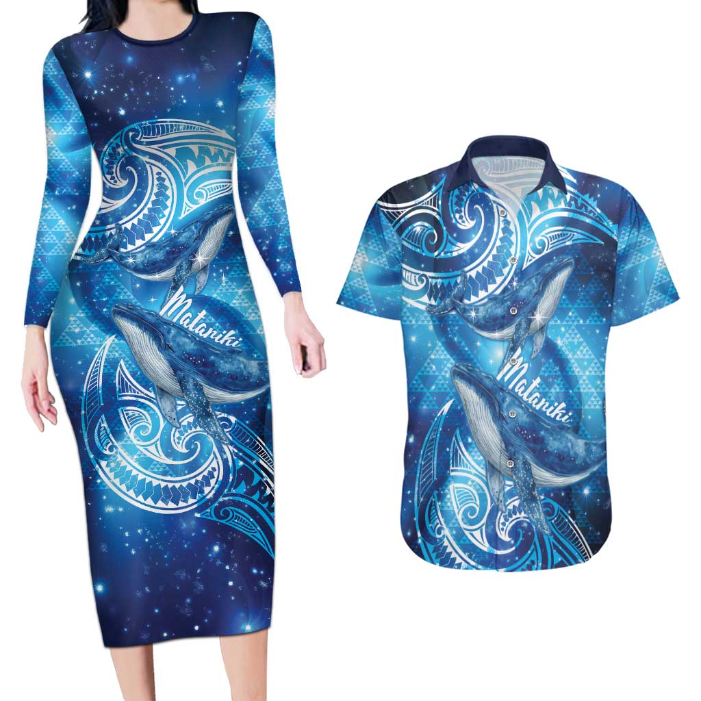 New Zealand Humpback Whale Matariki Couples Matching Long Sleeve Bodycon Dress and Hawaiian Shirt Maori New Year Taniko Niho Taniwha