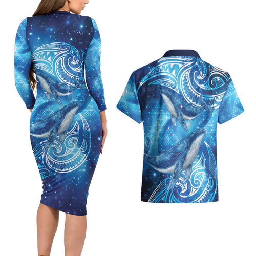 New Zealand Humpback Whale Matariki Couples Matching Long Sleeve Bodycon Dress and Hawaiian Shirt Maori New Year Taniko Niho Taniwha