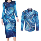 New Zealand Humpback Whale Matariki Couples Matching Long Sleeve Bodycon Dress and Long Sleeve Button Shirt Maori New Year Taniko Niho Taniwha