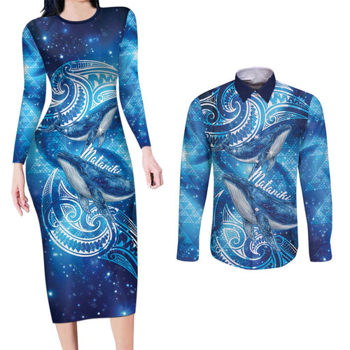 New Zealand Humpback Whale Matariki Couples Matching Long Sleeve Bodycon Dress and Long Sleeve Button Shirt Maori New Year Taniko Niho Taniwha