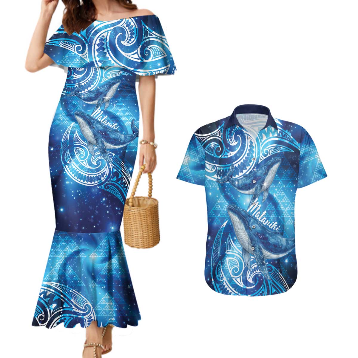 New Zealand Humpback Whale Matariki Couples Matching Mermaid Dress and Hawaiian Shirt Maori New Year Taniko Niho Taniwha