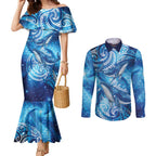 New Zealand Humpback Whale Matariki Couples Matching Mermaid Dress and Long Sleeve Button Shirt Maori New Year Taniko Niho Taniwha