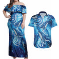 New Zealand Humpback Whale Matariki Couples Matching Off Shoulder Maxi Dress and Hawaiian Shirt Maori New Year Taniko Niho Taniwha