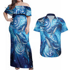 New Zealand Humpback Whale Matariki Couples Matching Off Shoulder Maxi Dress and Hawaiian Shirt Maori New Year Taniko Niho Taniwha