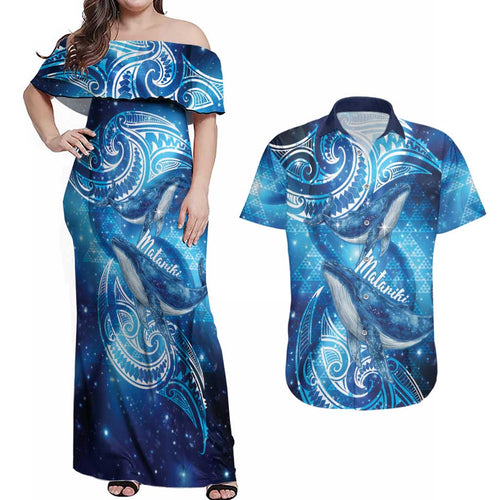 New Zealand Humpback Whale Matariki Couples Matching Off Shoulder Maxi Dress and Hawaiian Shirt Maori New Year Taniko Niho Taniwha