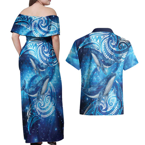 New Zealand Humpback Whale Matariki Couples Matching Off Shoulder Maxi Dress and Hawaiian Shirt Maori New Year Taniko Niho Taniwha