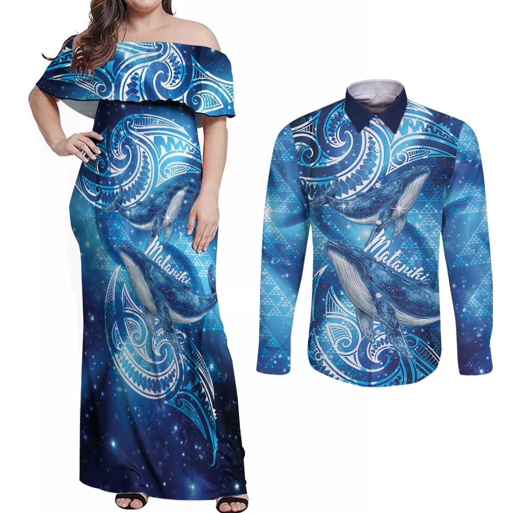 New Zealand Humpback Whale Matariki Couples Matching Off Shoulder Maxi Dress and Long Sleeve Button Shirt Maori New Year Taniko Niho Taniwha