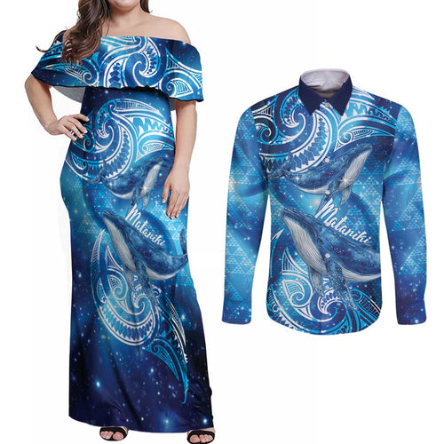 New Zealand Humpback Whale Matariki Couples Matching Off Shoulder Maxi Dress and Long Sleeve Button Shirt Maori New Year Taniko Niho Taniwha