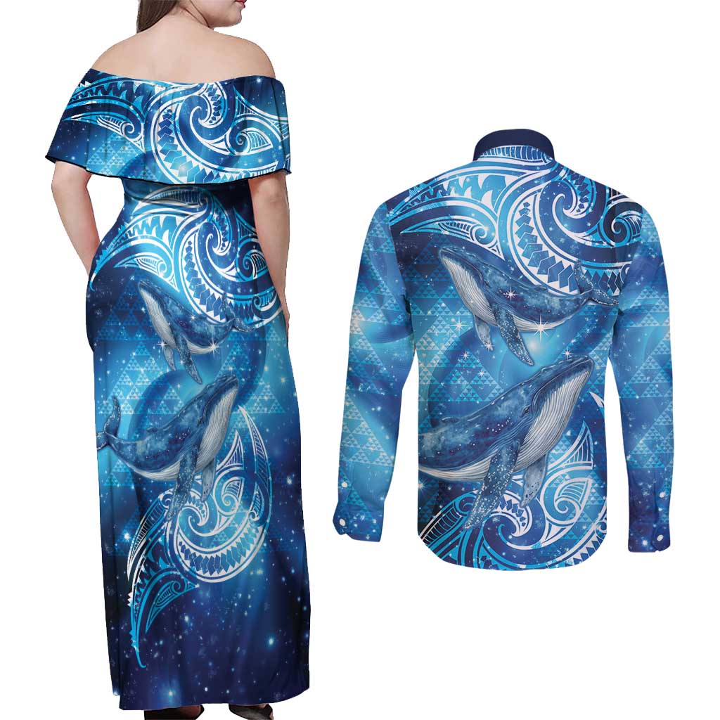 New Zealand Humpback Whale Matariki Couples Matching Off Shoulder Maxi Dress and Long Sleeve Button Shirt Maori New Year Taniko Niho Taniwha