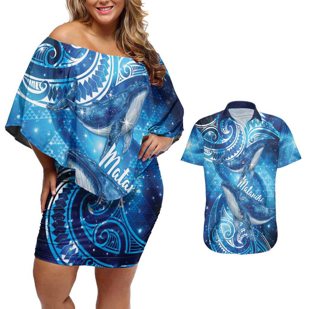 New Zealand Humpback Whale Matariki Couples Matching Off Shoulder Short Dress and Hawaiian Shirt Maori New Year Taniko Niho Taniwha