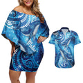 New Zealand Humpback Whale Matariki Couples Matching Off Shoulder Short Dress and Hawaiian Shirt Maori New Year Taniko Niho Taniwha