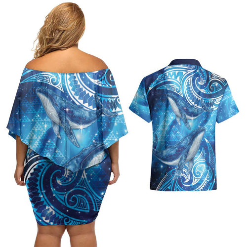 New Zealand Humpback Whale Matariki Couples Matching Off Shoulder Short Dress and Hawaiian Shirt Maori New Year Taniko Niho Taniwha