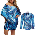 New Zealand Humpback Whale Matariki Couples Matching Off Shoulder Short Dress and Long Sleeve Button Shirt Maori New Year Taniko Niho Taniwha