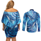 New Zealand Humpback Whale Matariki Couples Matching Off Shoulder Short Dress and Long Sleeve Button Shirt Maori New Year Taniko Niho Taniwha